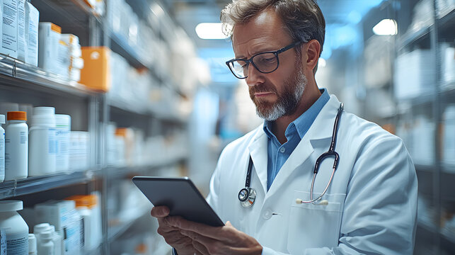 Pharmacist checking stock of drug on shelves with digital tablet