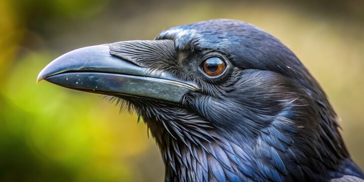 Close-up of a crow head with sharp beak and dark feathers, crow, bird, animal, wildlife, nature, wild, black, feather, beak, eyes