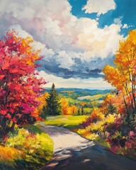 Obraz premium Oil painting depicting a stunning autumn landscape with vibrant colors and scenic beauty
