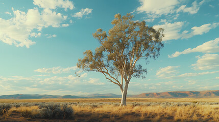 Fototapeta premium A solitary ghost gum tree standing tall in the Australian Outback, surrounded by low-growing desert flora 