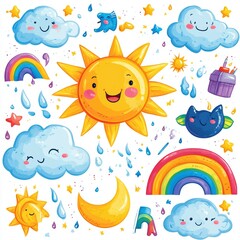 Naklejka premium Cute Cartoon Weather Icons Illustration
