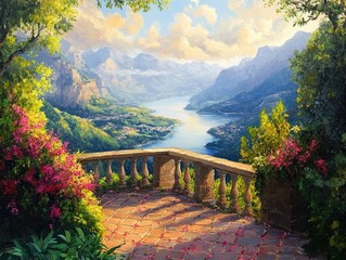 Stunning oil painting showcasing breathtaking natural vistas and landscapes rich in vibrant colors and captivating beauty