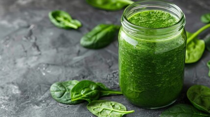 Obraz premium Close-Up of Fresh Spinach Smoothie in Glass Jar on Grey Stone Background with Minimalist Copy Space