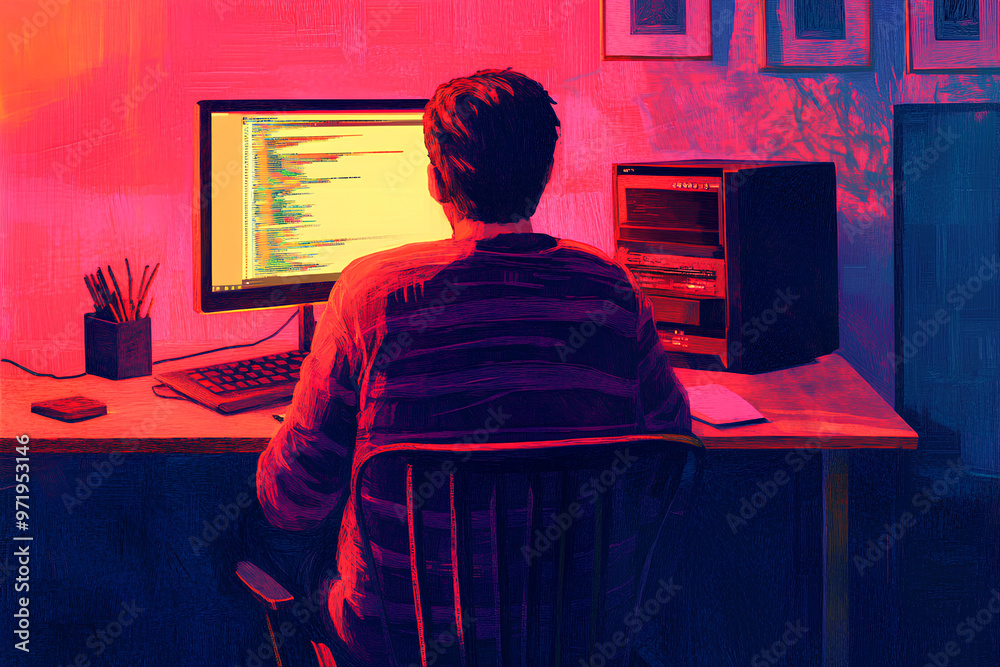 Poster A person coding at a computer in a colorful, ambient workspace.