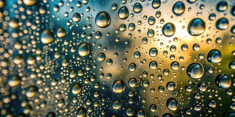 Water droplets forming on a transparent glass surface, showcasing the natural phenomenon of condensation, with subtle reflections and soft, diffused lighting.