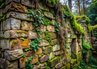 Weathered, distressed stone wall with fragmented, crumbling edges, overgrown with moss and vines, evoking a sense of ancient, forgotten history and mystique.