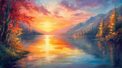 Oil painting depicting a stunning evening panorama of a tranquil lake showcasing a picturesque autumn sunset in the alpine landscape Captivating beauty of nature concept