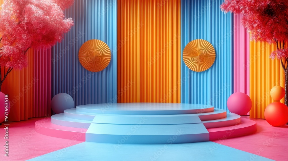 Wall mural animation k abstract re festive backgroun with empty podium animate paper fan folding blank showcase