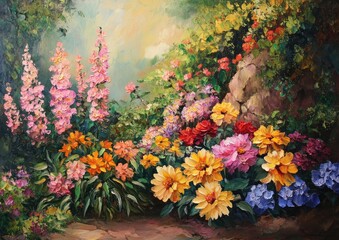 Oil painting depicting a vibrant arrangement of flowers in a lush garden setting