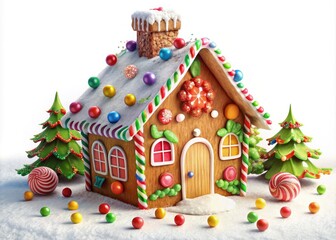 Fototapeta premium Whimsical digital illustration of a colorful gingerbread house adorned with candies, icing, and festive holly, set against a soft white background with subtle texture.