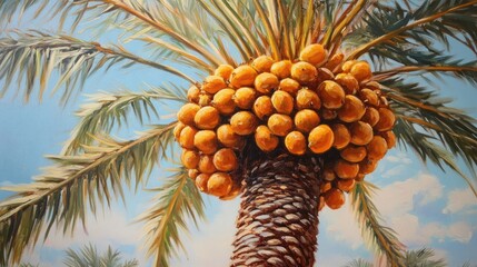 Oil painting depicting a date palm tree with ripe fruits showcasing the beauty of this fruit bearing plant