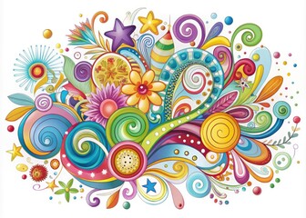 Whimsical digital illustration featuring colorful abstract shapes, swirling patterns, and playful doodles, blending creativity and imagination against a crisp white background.