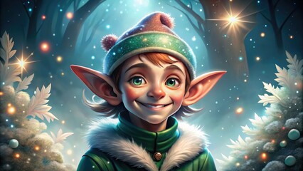 Whimsical digital illustration of a cheerful, slender elf with pointed ears and mischievous grin, surrounded by swirling snowflakes and twinkling stars in a winter wonderland.
