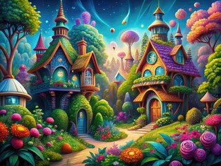 Whimsical digital illustration of colorful, fantastical dream houses with intricate details, set amidst vibrant flora and fauna, evoking a sense of magical wonder and adventure.