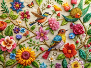 Whimsical embroidered fantasy scene featuring vibrant flowers, birds, and insects amidst intricate stitch patterns and delicate thread swirls on a soft, textured fabric backdrop.