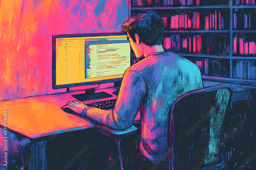 Poster a person coding on a computer in a colorful, dimly lit room filled with books.