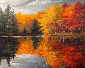 Oil painting showcasing autumn hues reflected in a serene lake capturing the vibrant colors of fall foliage