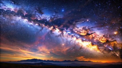Fototapeta premium Night sky landscape with Cygnus nebula, Milky Way galaxy, stars, Cygnus Loop, Cygnus constellation