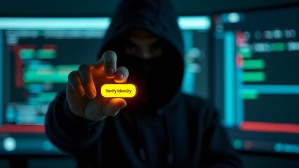 A masked figure holds a glowing yellow "Verify Identity" button in a dark, digital environment, suggesting online scams or security issues