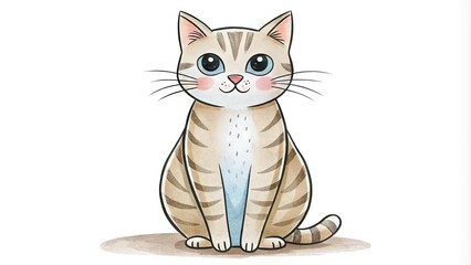 Obraz premium Whimsical, hand-drawn illustration of a serene, minimalist cat with bold lines, soft colors, and endearing eyes, sitting peacefully on a blank white background.