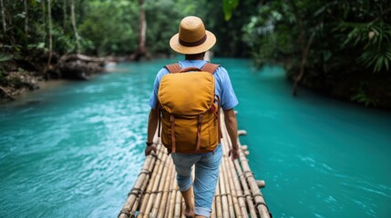 Man Walking on Bamboo Bridge in Tropical Jungle