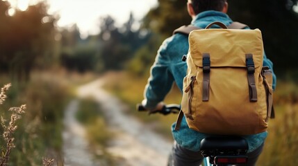 Sustainable nomad cycling with backpack on rural trail