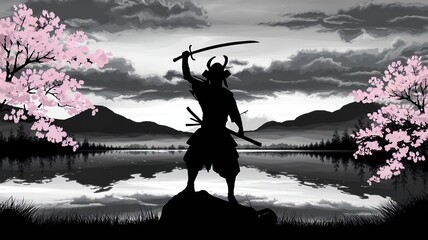 Hand drawn samurai silhouette illustration. made with generative Ai
