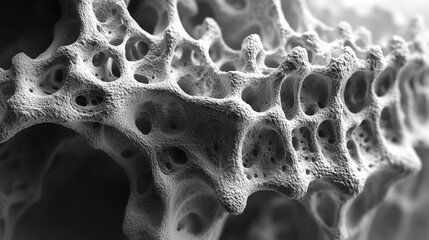 Detailed microscopic view of porous bone tissue in black and white, bone health