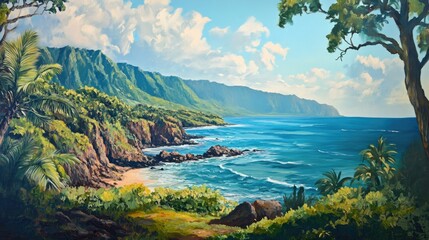 Fototapeta premium Oil painting depicting a rugged coastline and lush countryside