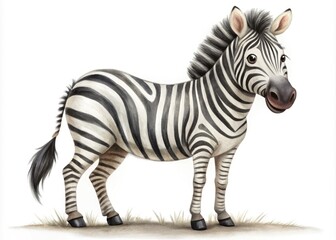 Obraz premium Whimsical hand-drawn zebra illustration featuring bold black and white stripes, playful eyes, and a curly tail, set against a crisp white background with subtle texture.