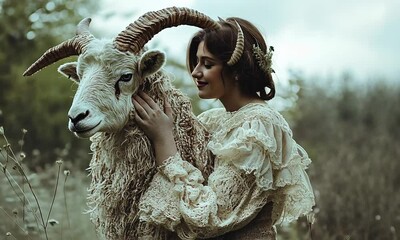 Woman with horns hugging a sheep