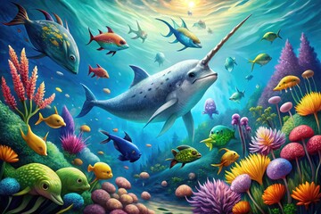 Fototapeta premium Whimsical illustration of a narwhal, its long spiraling tusk gleaming, swimming amidst coral and seaweed, surrounded by schools of colorful fish in a vibrant ocean scene.