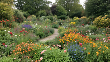 October English garden still full of flowers Color In Late Autumn forest background,
