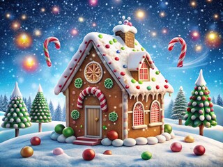 Whimsical, intricately detailed, and colorful illustration of a gingerbread house adorned with candy canes, gumdrops, and icing, set against a snowy winter wonderland background.