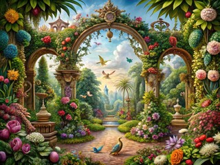 Fototapeta premium Whimsical, intricately detailed illustration of a fantastical botanical garden, featuring lush florals, exotic trees, and mythical creatures amidst ornate, curved frames and scrollwork borders.