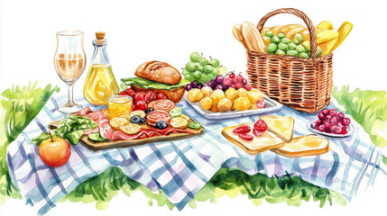 A delightful picnic scene featuring fresh fruits, bread, and drinks arranged on a checkered cloth under a sunny sky.