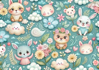 Whimsical pastel-hued illustrations of adorable animals, flowers, and clouds create a delightful seamless pattern perfect for textiles, stationery, and digital design applications.