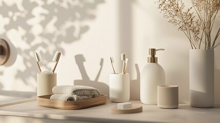 Bathroom styling and organization. Organic lifestyle and skin care products. Modern minimal design of refillable bathroom, nice reusable accessories