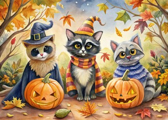 Whimsical watercolor illustration of a black cat, owl, and raccoon donning spooky Halloween costumes and accessories amidst eerie autumnal foliage and glowing jack-o'-lanterns.