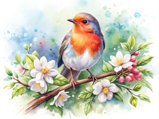 Whimsical watercolor illustration of a bright-eyed robin perched on a blooming branch, surrounded by lush greenery, with soft, feathery textures and delicate lines.