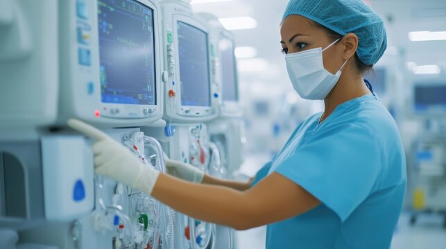 Technician sanitizing a dialysis machine before use, sterile environment focus, [chronic kidney disease], [dialysis machine preparation]