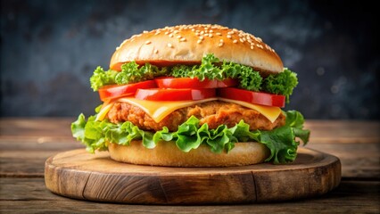 Delicious crispy chicken burger with lettuce, tomatoes and cheese on a wooden board, burger, food, crispy, delicious, chicken