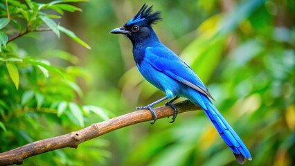 Obraz premium Bright blue long crested jay perches on a branch in a lush jungle , Blue, Long Crested Jay, Bird, Perched, Branch, Lush