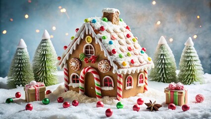 Whimsical winter wonderland scene featuring a intricately designed, sugar-dusted gingerbread house adorned with candy canes, gumdrops, and icing, set against a snowy white backdrop.