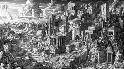 Ancient Cityscape in Black and White Ink Drawing