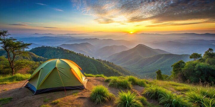 Camping tent on mountain at Mae Puem National Park in Phayao, Thailand , adventure, outdoors, nature, travel, tourism