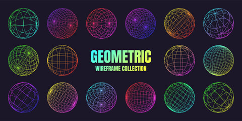Neon wireframe shapes, lined sphere. Perspective mesh, 3d grid. Low poly geometric elements. Retro futuristic design elements, y2k, vaporwave and synthwave style. Vector illustration © 32 pixels