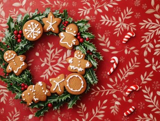 Gingerbread cookies arranged in a circular wreath, adorned with holly and candy canes, vibrant colors, Christmas wallpaper