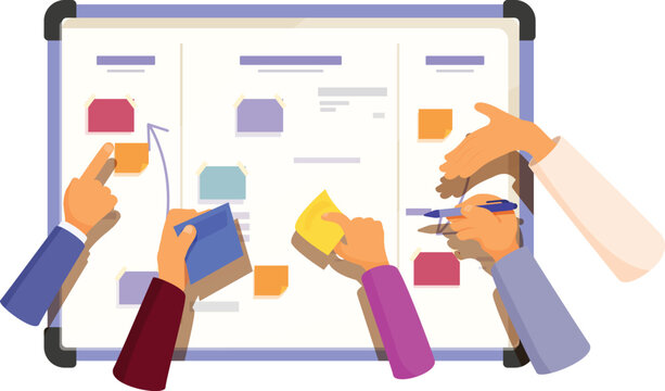 Business people team working and planning project using scrum agile method with kanban board on whiteboard in office
