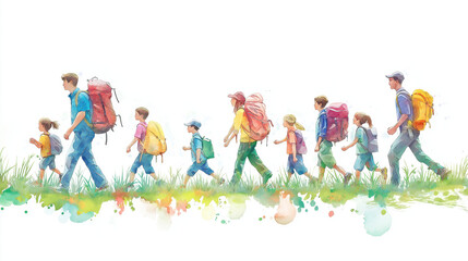 Fototapeta premium A joyful group of hikers walking through nature, carrying colorful backpacks and enjoying the great outdoors together.